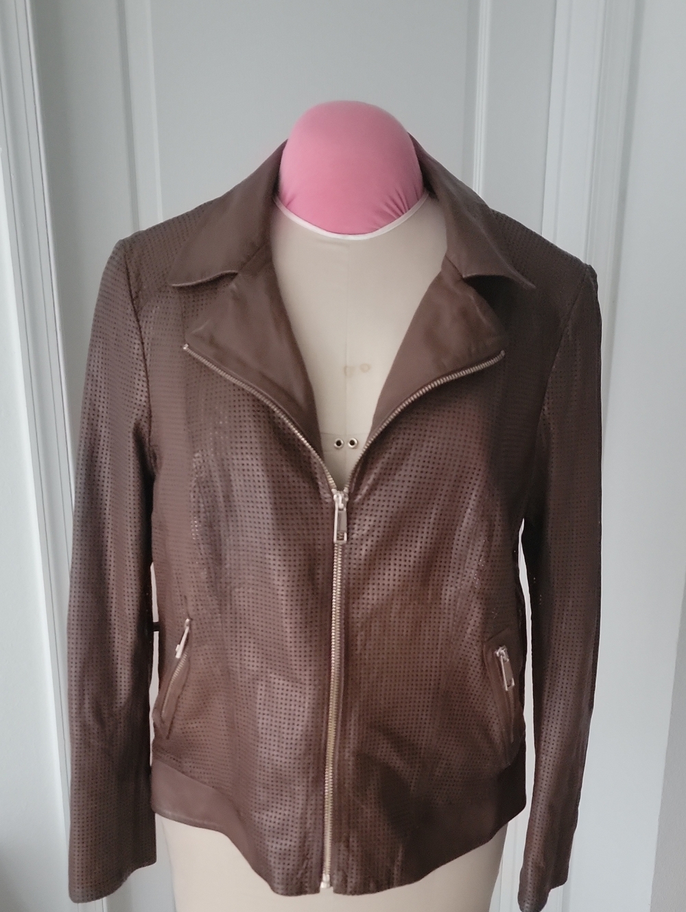 Les Copains Brown Perforated Leather Moto Jacket